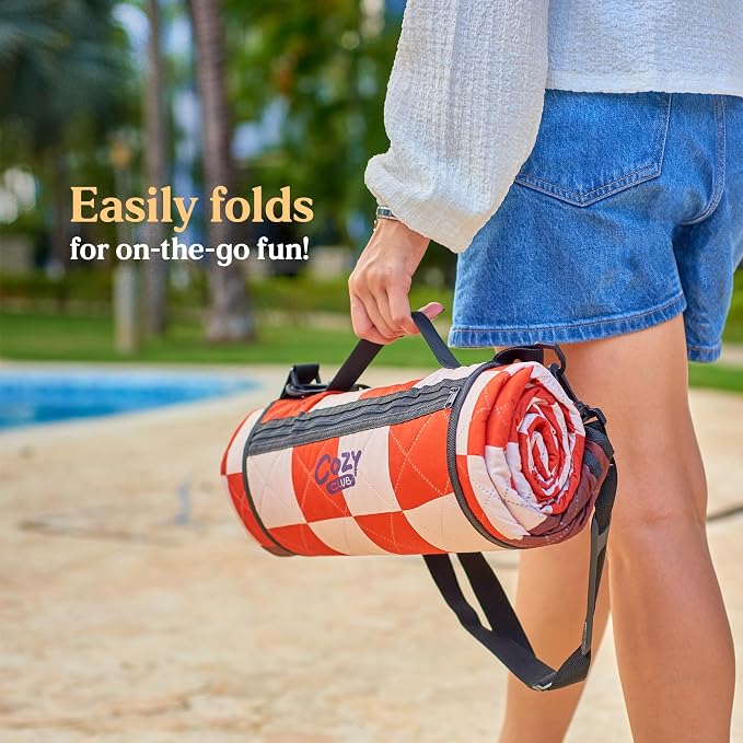 Cozy Club Waterproof Picnic Blanket – Foldable Outdoor Mat 60x70 with Stakes, Pocket & Shoulder Strap | Sandproof Beach Blanket for Festivals, Camping & Travel | Self-Packing | Terracotta | US Brand - Image 6