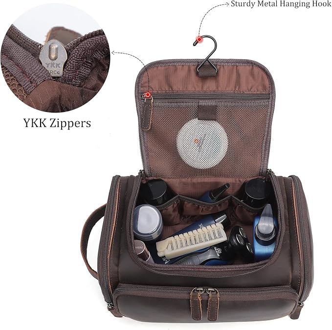 Polare Full Grain Leather Toiletry Bag Travel Dopp Kit Makeup Cosmetic Organizer Shaving Kit Wash Case with Hanging Hook (B-Dark Brown) - Image 4