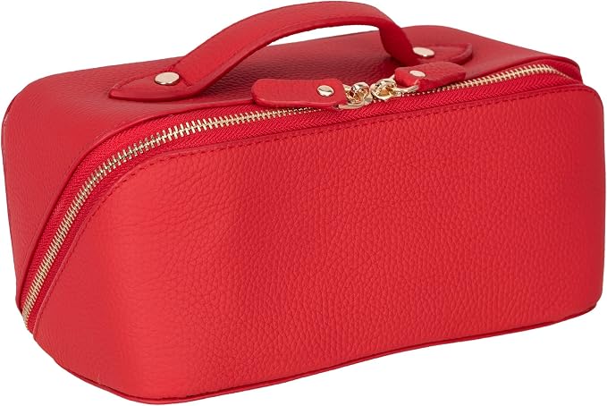 VENOULT Makeup Bag, Spacious Cosmetic Case for Women, Portable 180° Wide-Open Flat Cosmetic Bag, Travel Toiletry Organizer with Handle, Hanmdade, Full Grain Genuine Turkish Leather (Carmine) by VENOULT