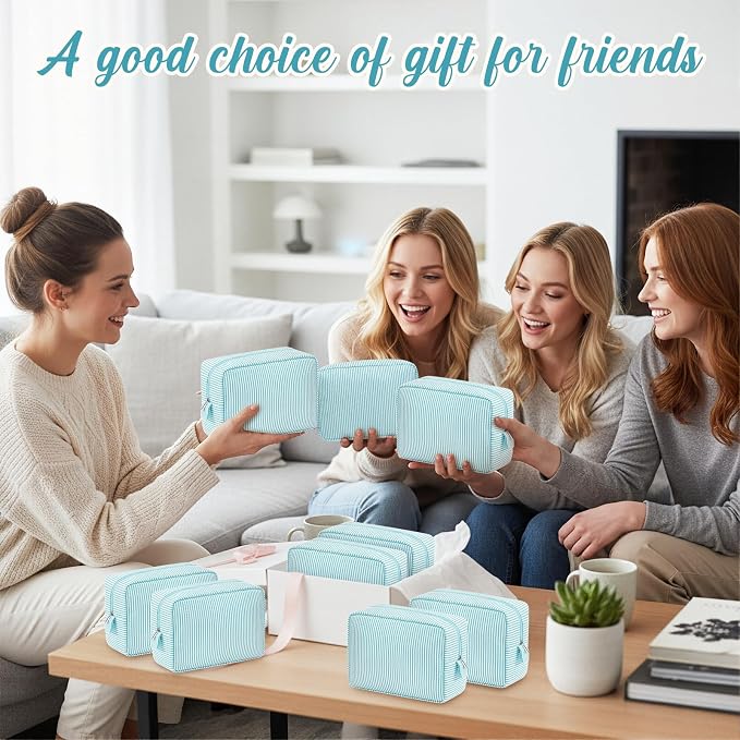 Sanwuta 6 Seersucker Cosmetic Bag Bulk Striped Makeup Bag for Women Aesthetic Cute Travel Toiletry Organizer Preppy Storage Pouch for Wedding Bridesmaid Mother's Day Teacher Gift (Large,Mint Blue) - Image 6