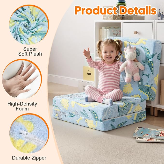 MeMoreCool Glow Dinosaur Kids Foldable Floor Mattress, 63x26 Inch Blue | Glow dinosaur trifold mattress for kids room, playroom and travel, 63x26 in - Image 4