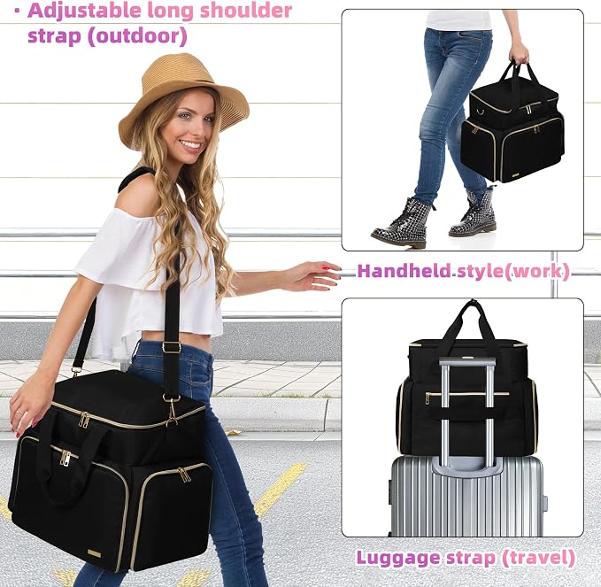 DERSTUEWE Nail Polish Organizer Case – Waterproof Travel Bag with Hard Bottom – Double Layer Nail Storage Bag with Adjustable Dividers & Nail Lamp Compartment (Black) - Image 6