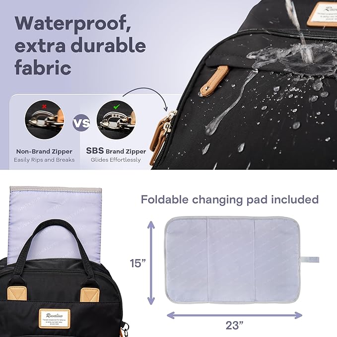 RUVALINO Diaper Bag Backpack-Expandable Baby Bag with up to 50% Capacity -Baby Essentials Bag with Changing Pad Insulated Bottle Holders & Pacifier Case, Waterproof, Black XL - Image 7
