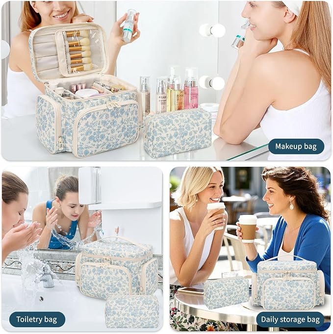 Makeup Bag Set, Travel Makeup Bag Organizer for Women Cute Floral Cosmetic Pouch Large Capacity with Makeup Brush Compartment, Cosmetic Travel Bag with Divider and Handle Toiletry Bag - Floral - Image 7