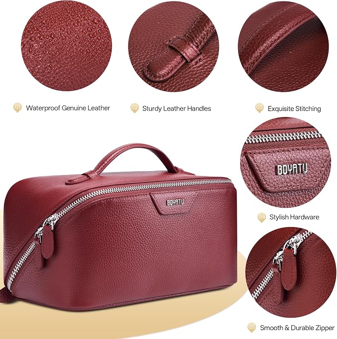 BOYATU Genuine Leather Travel Makeup Bag: Large Capacity 3 Pcs Set Cosmetic Bags for Women - Designer Waterproof Hand-made for Toiletry Organizer - Ladies Travel Essentials for Elegance (06Burgundy) - Image 2