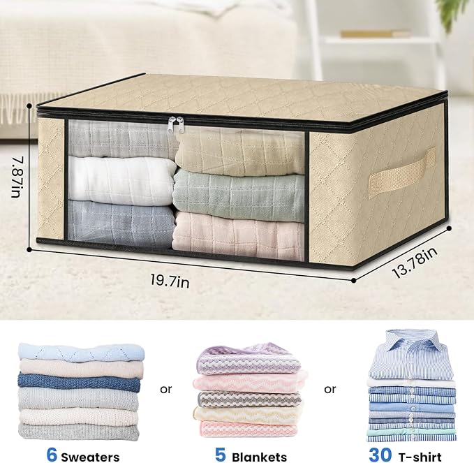 HomeHacks Storage 10-Pack Clothes Organizer Storage Bags Foldable Storage Box with Large Clear Window Sturdy Handles for Closet, Dorm, Pillows, Bedding, Clothes, Blankets, 35L, Beige - Image 2