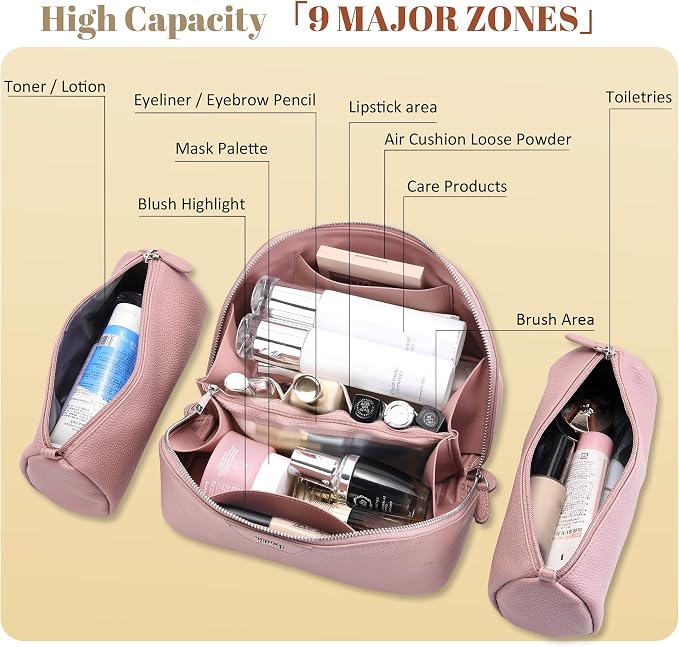 BOYATU Genuine Leather Makeup Bag: 3 Pcs Set Luxury Birthday Gifts for Women - Large Capacity Toiletry Organizer for Elegance - Travel Essentials Gift for Teacher Mothers Girlfriend Wife(05Pink) - Image 7