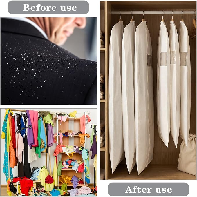 Aliceset 6 Pcs 40 Inches 50 Inches Cotton Garment Bags for Hanging Clothes, Canvas Suit Bags for Clothes Coats Jackets Shirts Closet Storage Travel Gusseted Hanging Garment Cover - Image 6