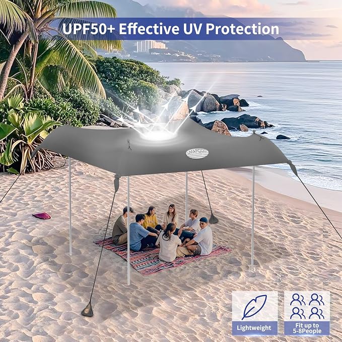 UMARDOO Family Beach Tent Canopy Sun Shade Portable, Large Compact Beach Sun Shelter Easy Setup with Packable Bag for Outdoor Travel (Grey, 10X10 FT. 4Poles) - Image 6