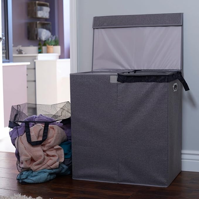 Household Essentials Collapsible Laundry Sorter with Lid, Gray - Image 2