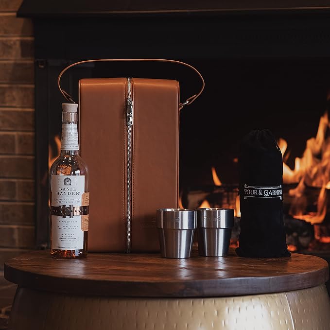 POUR & GARNISH Bourbon Whiskey & Wine Double Bottle Travel Bag with 4 Stainless Steel Double-Walled Vacuum Insulated Glasses - Makes a Great Gift! - Image 4