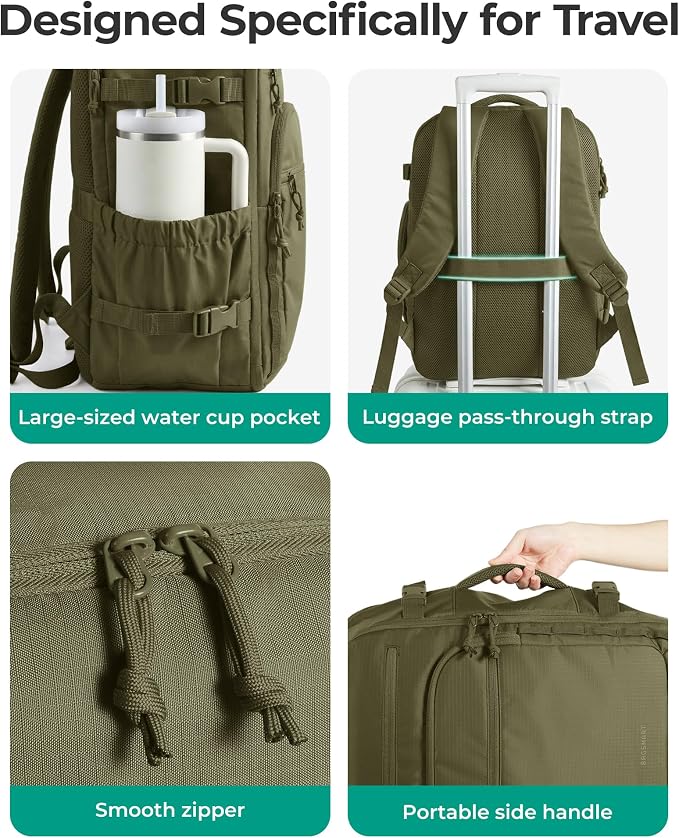 BAGSMART Travel Backpack for Women & Men 17.3 inch Laptop, Flight Approved Carry on Backpack with Shoe bag & 2 Packing Cubes, Water-Resistant Large Business Travel Bag, Weekender Bag - Olive green - Image 8