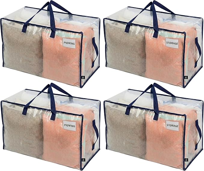VENO 4 Pack Clear Extra Large Moving Bags & Storage Totes, Heavy Duty Organizer with Reinforced Handles & Strong Zippers for Clothes, College Dorm Essentials, Moving Supplies by Veno