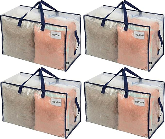 VENO 4 Pack Clear Extra Large Moving Bags & Storage Totes, Heavy Duty Organizer with Reinforced Handles & Strong Zippers for Clothes, College Dorm Essentials, Moving Supplies by Veno