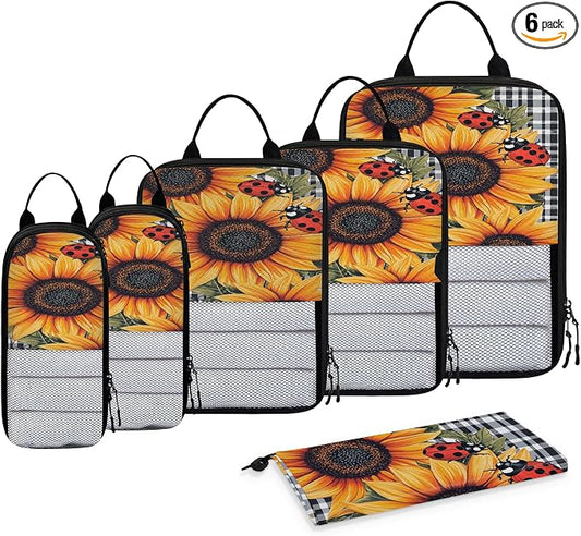 Ladybugs Sunflower Compressible Packing Cubes for Suitcase 6 Set Lightweight Expandable Compression Packing Travel Luggage Organizer by BICUUZHI