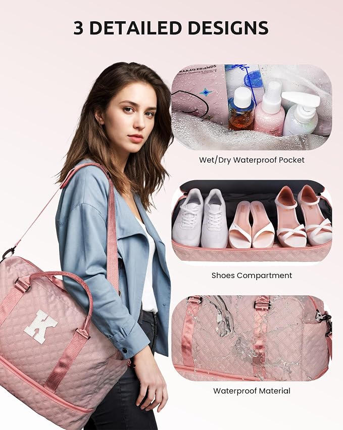 Initial Duffle Travel Bag, Personalized Weekender With Shoulder Strap, Monogram Overnight for Women Wet Pocket, Letter Travel With Makeup Bag Gifts for Family (Letter Z) - Image 6