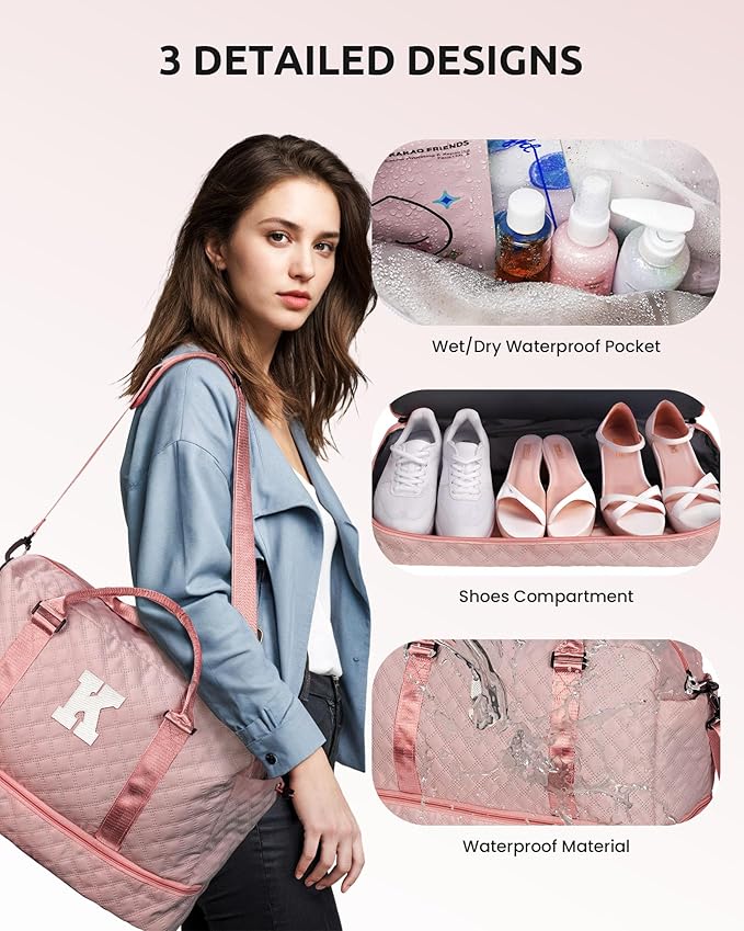 Retirement Gifts-Initial Duffle Bag with Shoe Compartment, Personalized Weekender Bag, Overnight Bag, Letter Travel Bag with Makeup Bag，Birthday Gift Graduate Gifts for Her (Letter T), Pink - Image 6