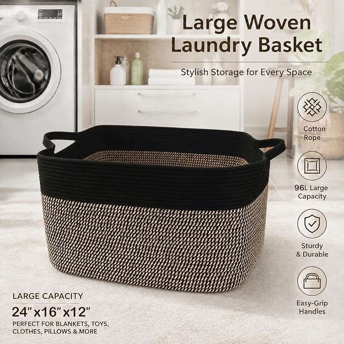 96L XXXLarge Woven Laundry Basket with Sturdy Handles - Black/Jute | Machine washable,Space-Saving Collapsible Design,Cotton rope, blanket basket living room,for toys clothes nursery bathroom - Image 5