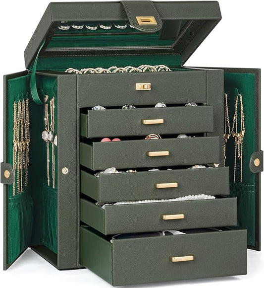 AKOZLIN 6-Tier Jewelry Box Organizer Functional 5 Drawers Leather Jewelry Storage Case for Women Girls Ring Necklace Earring Bracelet Holder Organizer with Mirror Medium Dark Green by AKOZLIN