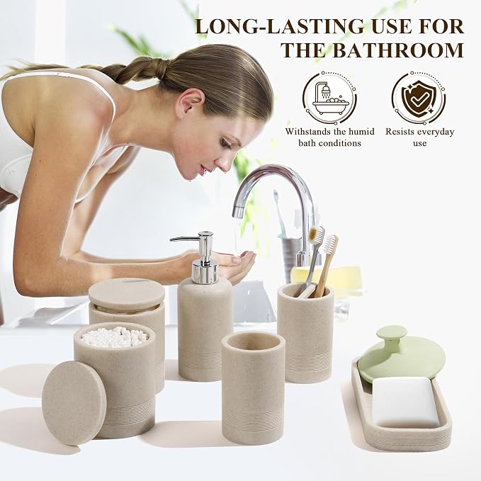 Bathroom Accessories Set, 6-Piece Bathroom Accessory Set, Toothbrush Holders Set, Soap Dispenser, Vanity Tray, Tumbler, Cotton Swab Jars, Bathroom Organizer for Modern Bathrooms(Beige) - Image 4