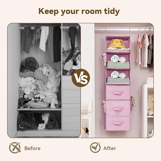 GRANNY SAYS Hanging Closet Organizer 6-Shelf, Separable to 2 Pack 3-Shelf Closet Storage Organizer with 4 Side Pockets, 3 Different Drawers, Portable Hanging Shelves for Baby Clothes, Sweater, Pink - Image 6