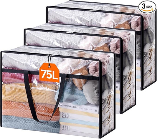 Lifewit 3 Pack Clear Clothes Storage Bags, 75L Plastic Blanket Storage Bag, Vinyl Foldable Moving Bags with Zipper, Closet Organizers and Storage Containers for Bedding, Duvet, Comforter by Lifewit