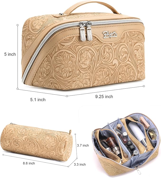 BOYATU Travel Makeup Bags Cosmetic Organizer Bag: 3 Pcs Set Large Capacity Floral Make up Bag with Compartments - Waterproof Leather Toiletry Bags with Handle for Women (17-Apricot) - Image 2