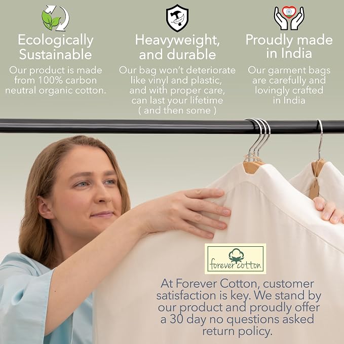 Luxury Cotton Garment Storage Bag, 24x40 Inch, Breathable Washable Reusable, for Hanging Clothes Short Dresses Jackets Suits, Fits 3 Hangers, Zipper Window (1, 24x40x3) - Image 8