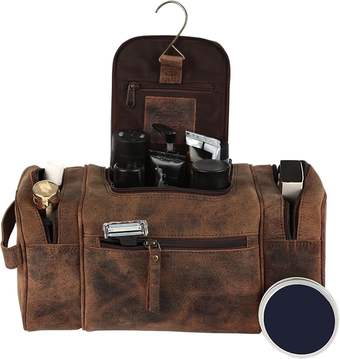 KomalC Extra-Large Leather Toiletry Bag for Men & Women – Luxury Travel Dopp Kit with Multi-Compartment Storage, Waterproof Lining & Premium YKK Zippers – Unisex Toiletry & Cosmetic Organizer - Image 5