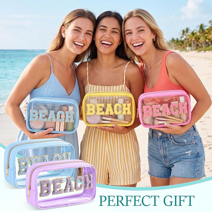 Kacctyen 10 Pcs Beach Clear Makeup Bags with Zipper in 5 Assorted Colors, Chenille Letter Sunscreen Bags Bulk, Waterproof Clear Toiletry Bag for Women Beach Pool Trip & Summer Birthday Party Favors - Image 6