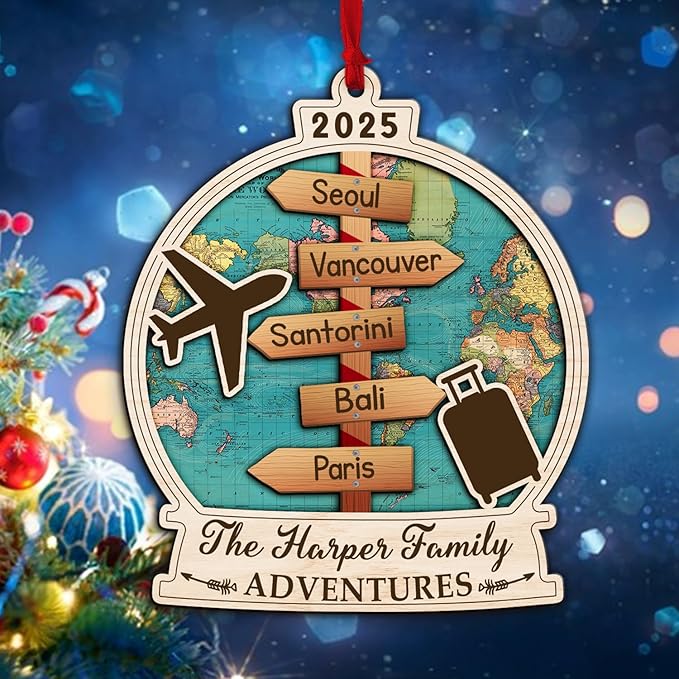 Custom Travel Adventure Ornament, Personalized Travel Adventures Ornament 2025, 2-Layered World Traveler Ornaments, Traveling Destination Christmas Ornaments, Family Travel Gift