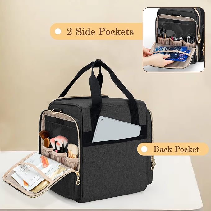 LUXJA Travel Makeup Bag with 4 Inner Removable Makeup Cases, Black | Large Cosmetic Bag with Multiple Storage Sections, Detachable Shoulder Strap, Trolley Sleeve, Transparent Cover - Image 3