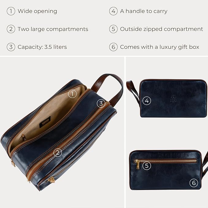 Time Resistance Leather Cosmetic Bag - Italian Toiletry Dopp Kit (Blue) - Image 6