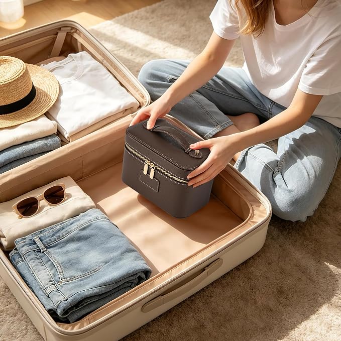 Makeup Bag Travel Toiletry Leather Cosmetic Case, Waterproof Makeup Organizer with Brush Holder, Wipe Clean Removable Divider Vanity Train Bag for Women, Coffe - Image 5