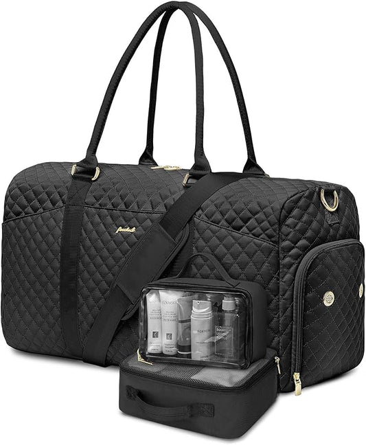 Women Weekender Travel Duffle Bag: Travel Duffel Overnight Bags with Shoe Compartment Large Carry on Tote with 2 Toiletry Bags Weekend Traveling Yoga Gym Hospital Bag for Womens with Wet Pocket Black by FOCDOD