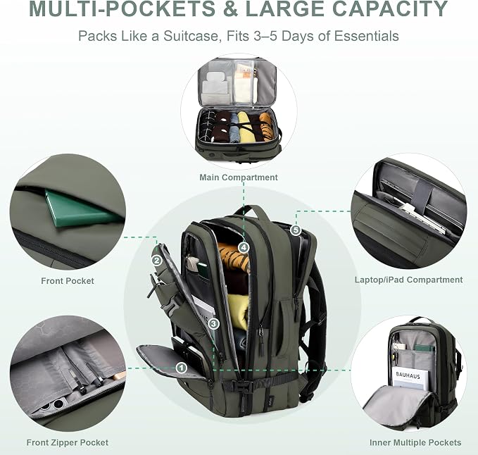 BAGOK Carry On Travel Backpack, 35L-40L Expandable Extra Large Airline Approved,Lightweight Daypack for Men and Women（Green） - Image 4