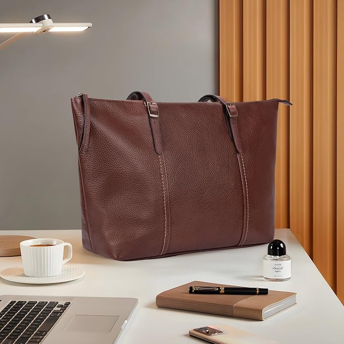 befen Vintage Genuine Leather Work Tote Bag for Women Large Tote Bag with Zipper Leather Purse and Handbags with Compartment - Image 3