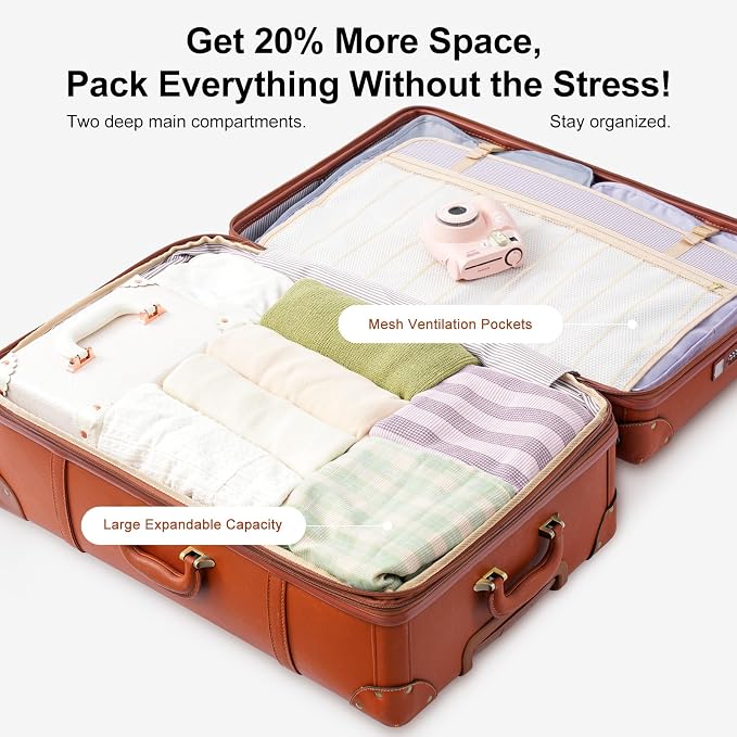 NZBZ Vintage Luggage Sets for Women Retro Suitcase Cute Vintage Expandable Luggage of 3 (Vintage Brown, 20inch & 24inch & 28inch) - Image 5