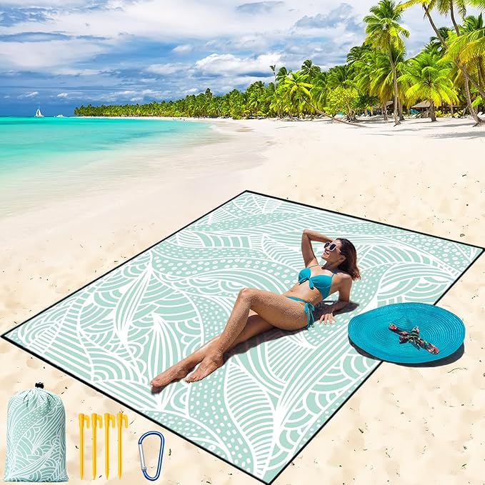 WIWIGO Beach Blanket Waterproof Sandproof Beach Mat 79" X 83"/10'x9'for 2-8 Adults Quick Drying Outdoor Picnic Mat Beach Accessories for Travel, Camping, Hiking by WIWIGO