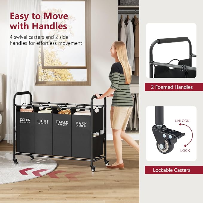 Tajsoon 4 Bag Laundry Sorter Cart, 4 Section Laundry Hamper Sorter with Heavy Duty Lockable Rolling Wheels, Laundry Separator Hamper with Removable Bags for Dirty Clothes Storage, Black - Image 6