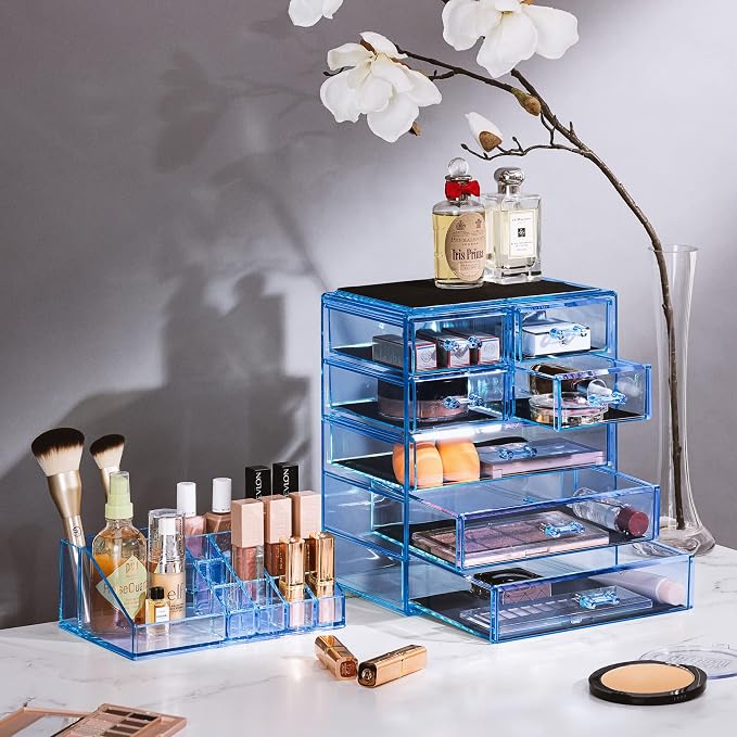 Sorbus Acrylic Makeup Organizer Set, 7-Drawer Vanity & Countertop Cosmetic Storage with Small & Wide Compartments, Blue Brilliance Makeup Storage for Brushes, Jewelry – Holiday Gift for Women & Teens - Image 2