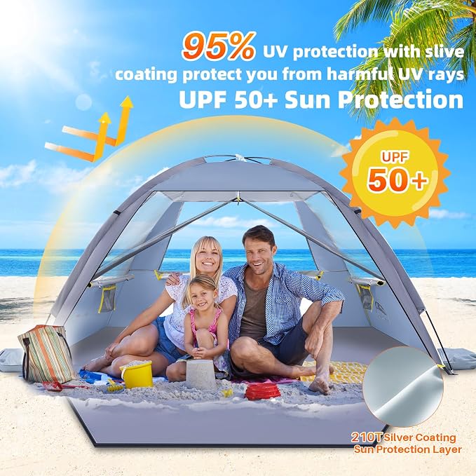 Happy Travel Beach Tent Sun Shelter for 3/4/5/6/7/8 Person, Portable UPF 50+ UV Protection Beach Shade Canopy for Family & Baby, Lightweight & Easy Setup Beach Cabana with 3 Ventilation Mesh Windows - Image 3