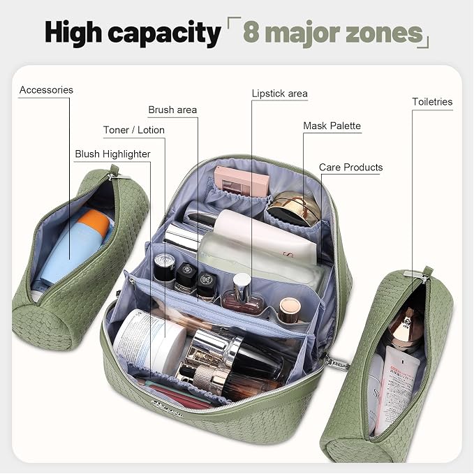 BOYATU Travel Makeup Bag Cosmetic Bags for Women: Large Capacity 3 Pcs Set Make up Bag with Compartments - Waterproof Vegan Leather Toiletry Organizer Bags with Handle (L51Grass Green) - Image 4
