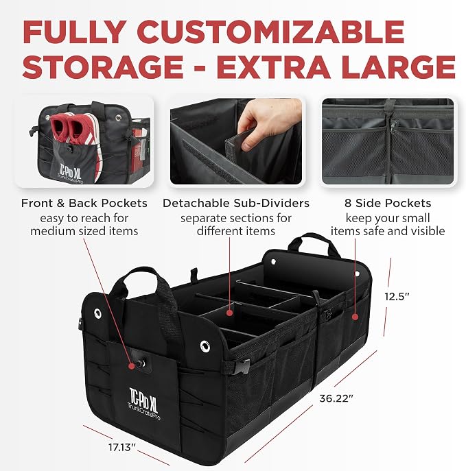 Car Trunk Organizer for SUV, Truck & Auto Cargo Storage, Black, XL | Fits Cars, SUVs & Trucks 6 Adjustable Compartments Non-Slip Base & Securing Straps Foldable 11 Pockets Car Accessories - Image 8