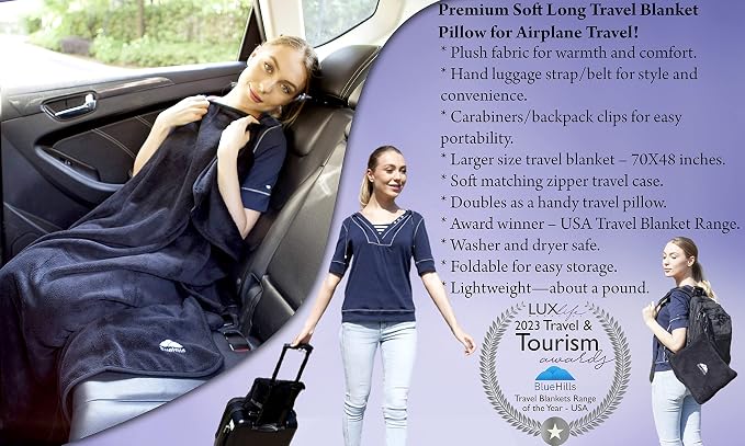 BlueHills Long Travel Blanket Pillows for Two Airplane Traveling Essentials Flight Throws in Bag case with Backpack Clip Compact Large Plane Accessories – Black and Pink - Image 2