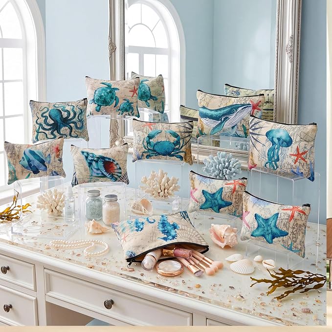 Sweetude 24 Pcs Beach Coastal Makeup Bags Bulk Retro Summer Nautical Portable Travel Cosmetic Bag with Zipper Sea Animals Waterproof Roomy Travel Toiletry Organizer Storage Pouch for Women Ocean Gifts - Image 2