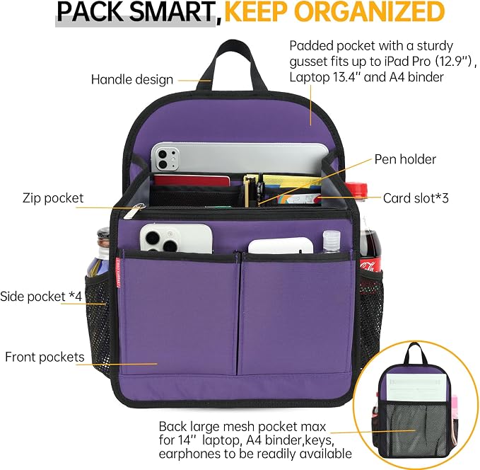 Large Premium Wider Rugged Backpack Organizer Insert for Men Women Work Travel -19 Pockets, Padded Nylon-Purple - Image 5