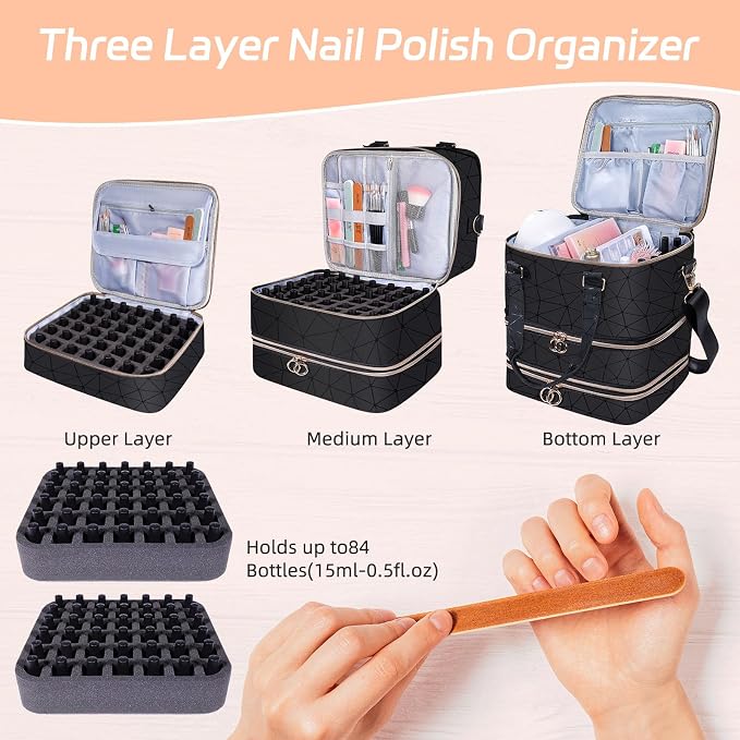 Nail Polish Organizer Case,3 Layer Nail Polish Organizer Bag Holds 84 Bottles (15ml/0.5 fl.oz) Nail Supplies Organizer,Nail Bag PU Leather Nail Carrying Nail Kit Supplies Organizer Case (Black) - Image 5