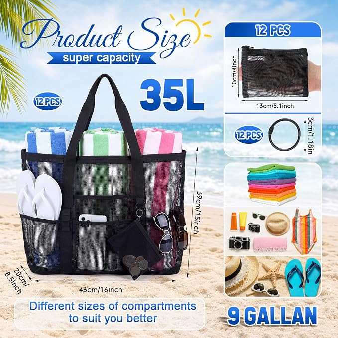 Hillban Large Mesh Beach Bag Bulk for Women Waterproof Sandproof Pool Tote Bag with 8 Pocket Small Zipper Pouch with Ring - Image 2