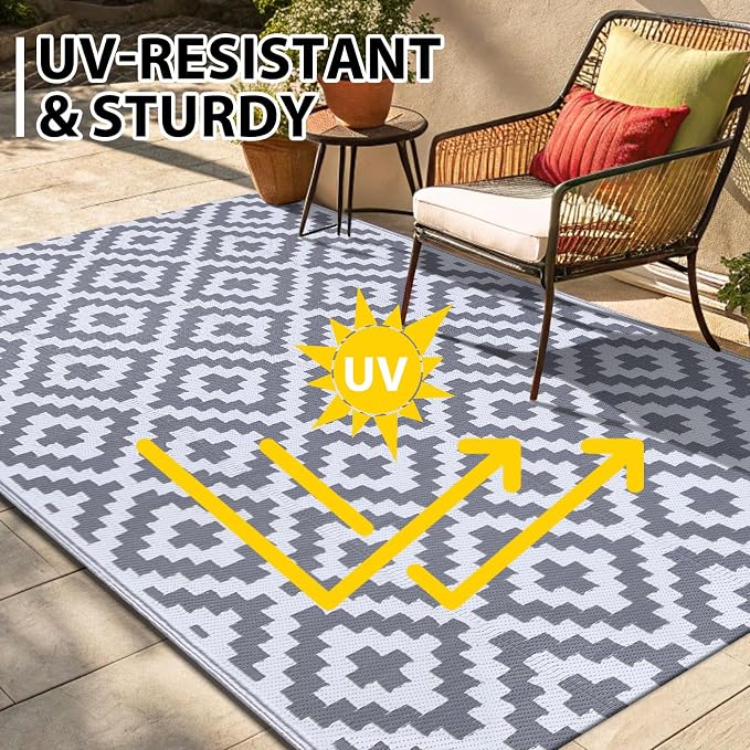 Smiry Waterproof Outdoor Rug 9x12 ft, Reversible Plastic Straw Patio Camping Rugs, Outdoor Indoor RV Mat Carpet for Patio, Outside Entry, Backyard, Deck, Bench, Picnic, Camper, White & Grey - Image 5